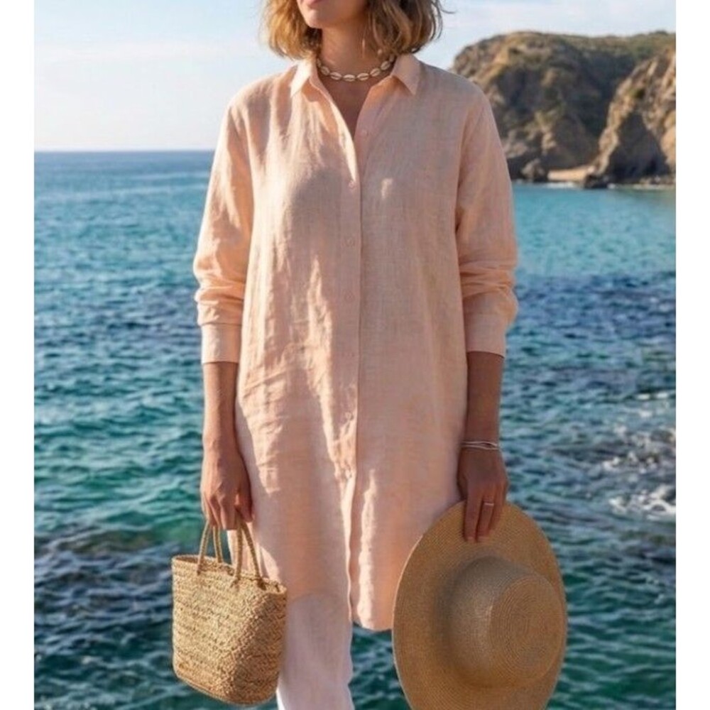 Garnet Hill Size L 100% Linen Blouse Tunic Pink Long Sleeve Button Front Coastal